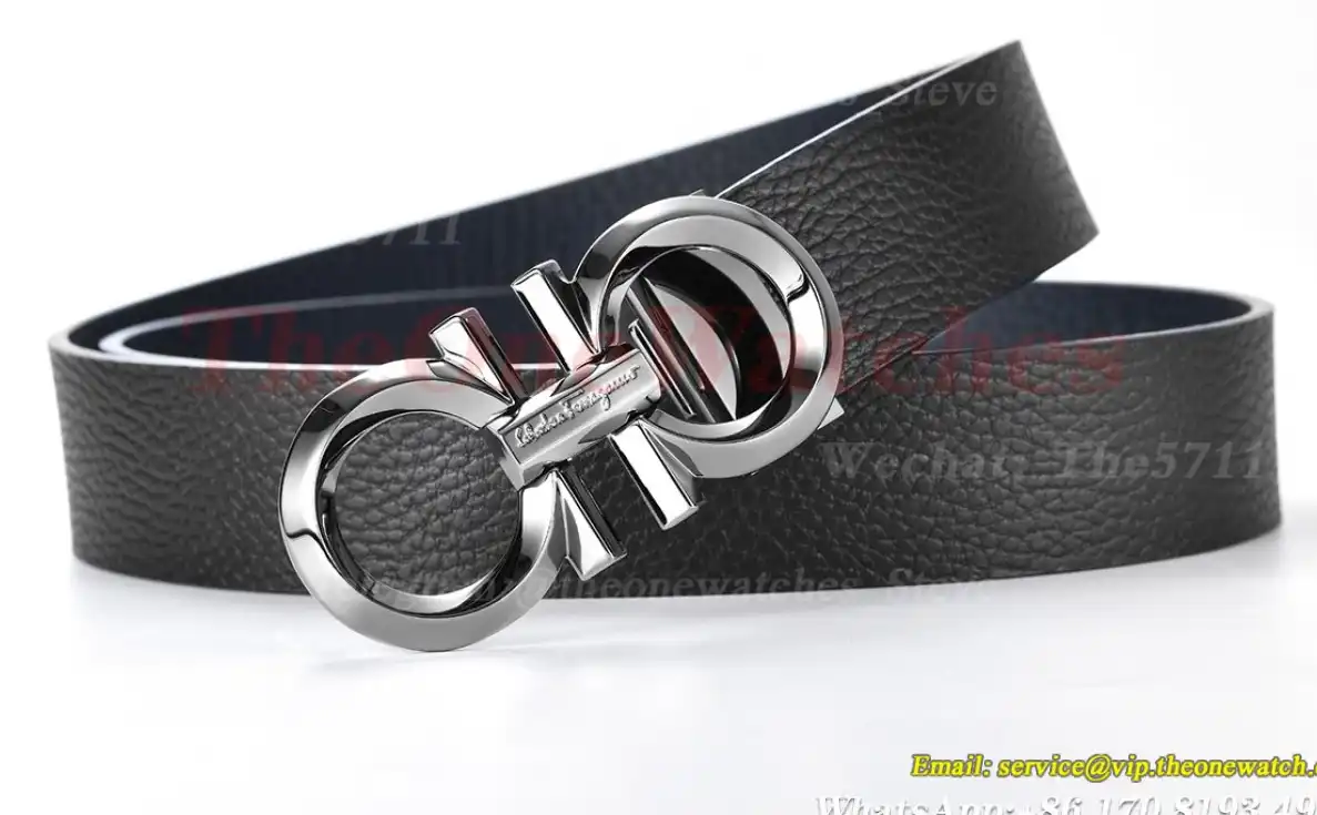 Bright Grey Brass Buckle on Black Blue Leather Belt 3.5cm