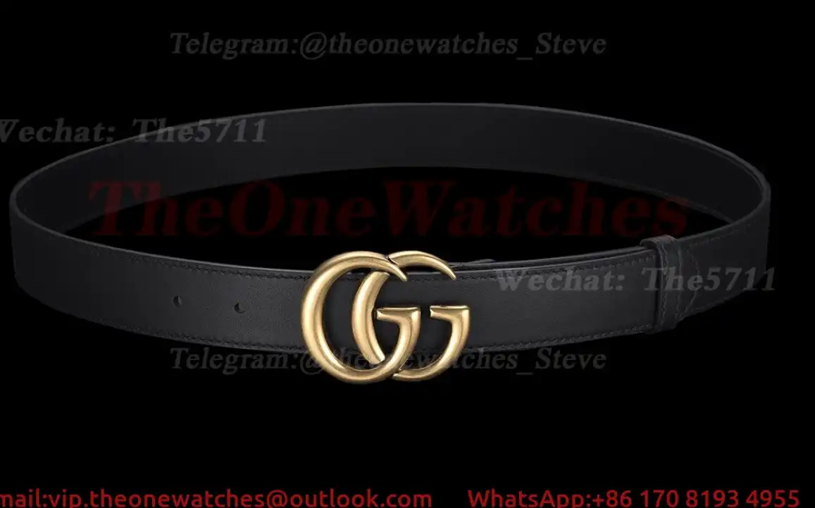 Gold Double G Buckle on Black Leather Belt 3.0cm