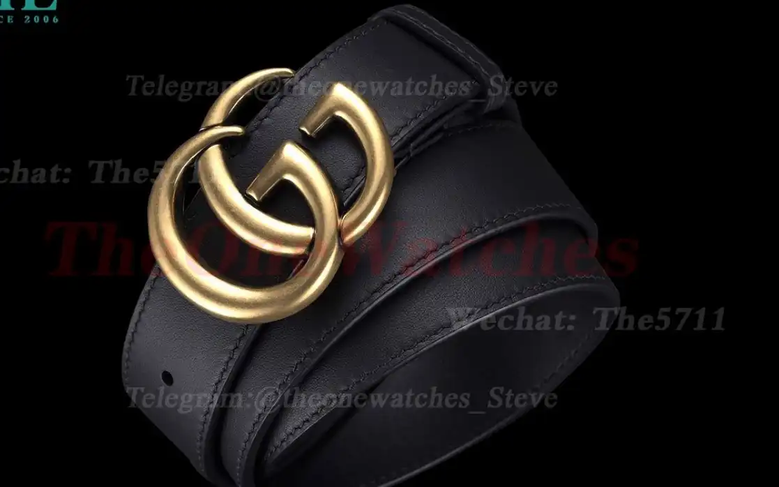 Gold Double G Buckle on Black Leather Belt 3.0cm