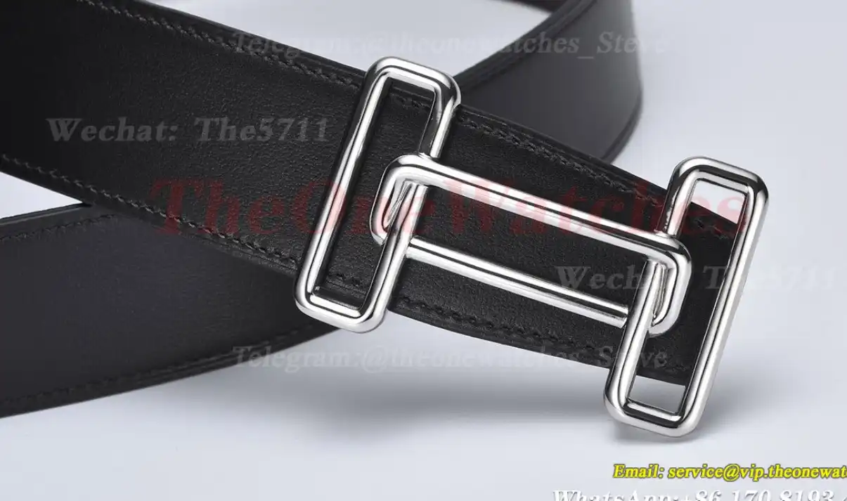 Silver Hermes SS Buckle on Black Leather Belt 3.8cm