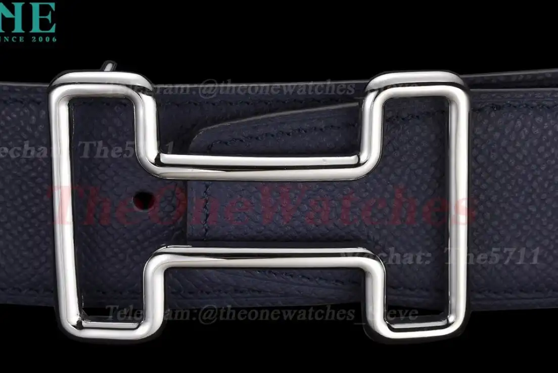 Silver Hermes SS Buckle on Blue Leather Belt 3.8cm