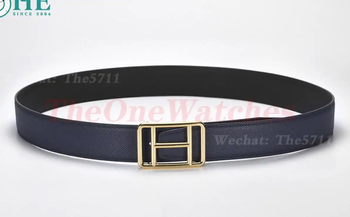 YG Hermes SS Buckle on Blue Black Leather Belt 3.8cm