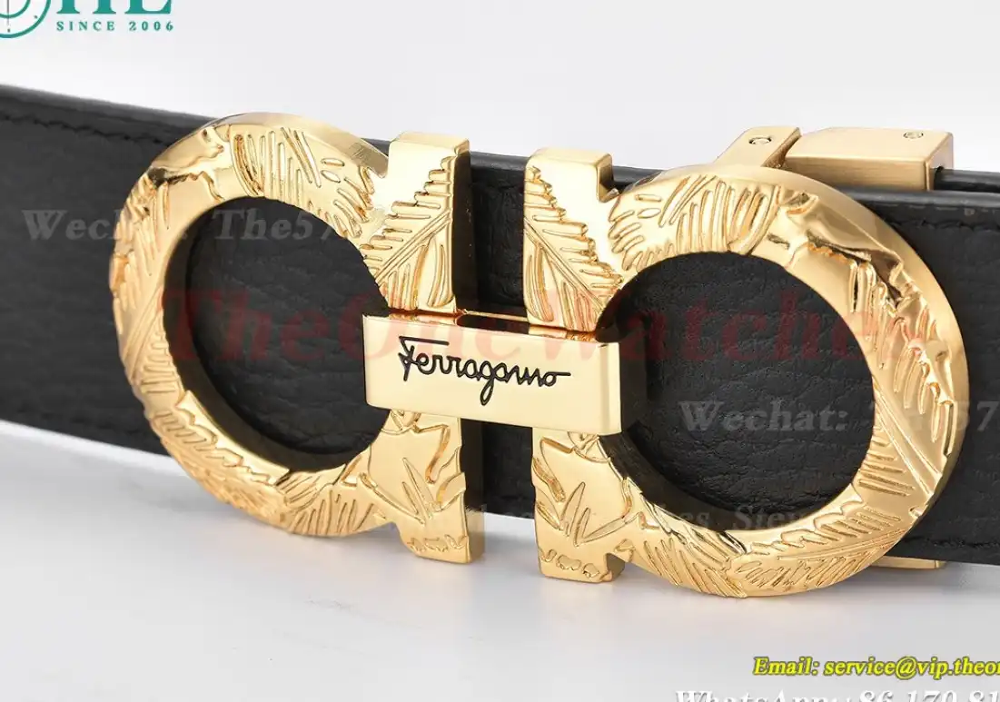 YG Brass Buckle on Black Brownish Leather Belt 3.5cm