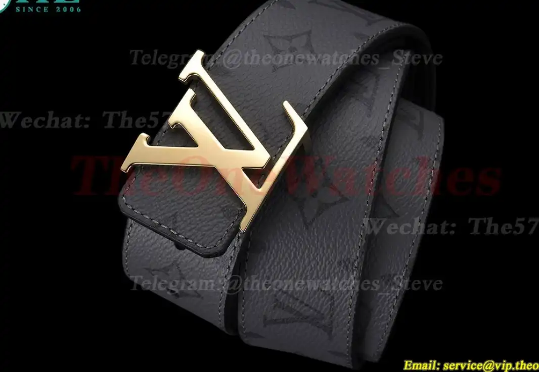 Yellow Gold LV Brass Buckle on Grey Leather Belt 4.0cm