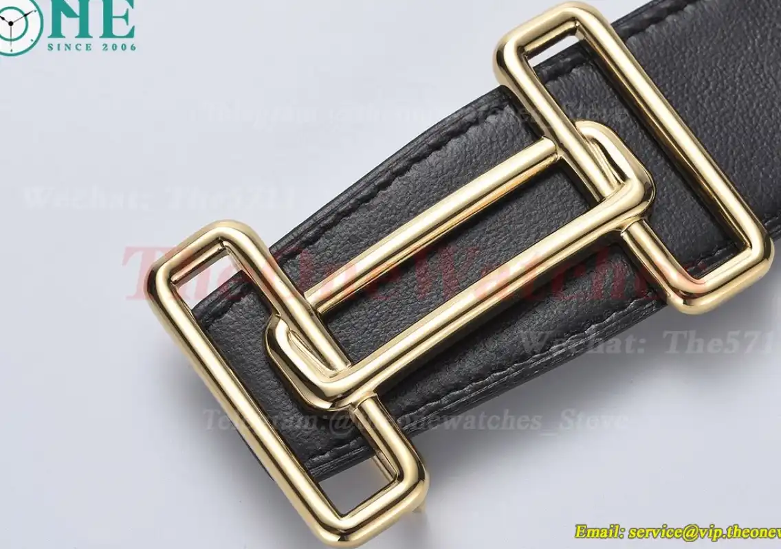 YG Hermes SS Buckle on Black Black Leather Belt 3.8cm