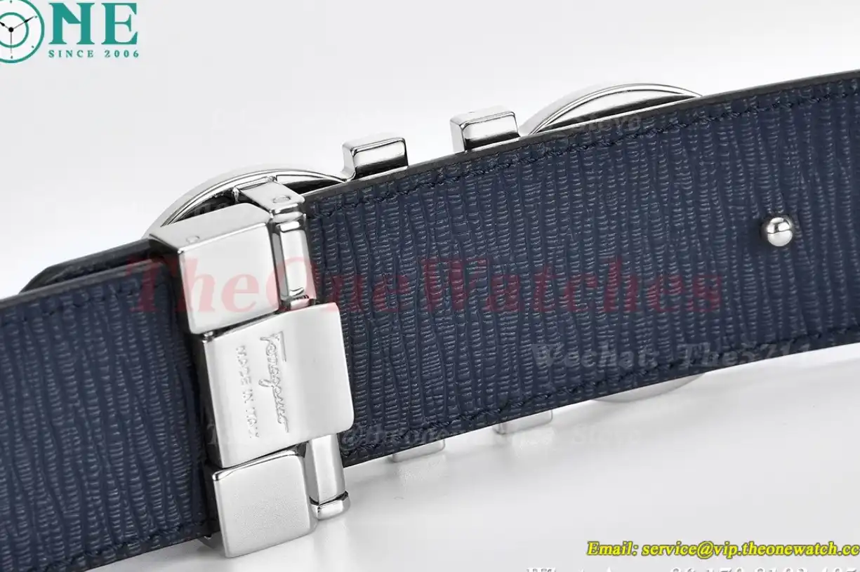 PVD Silver Brass Buckle on Black Blue Leather Belt 3.5cm