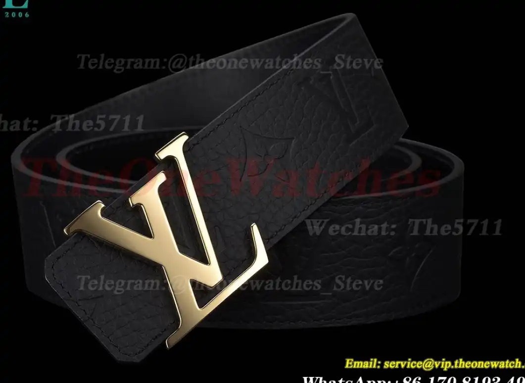 Yellow Gold LV Brass Buckle on Black Leather Belt 4.0cm