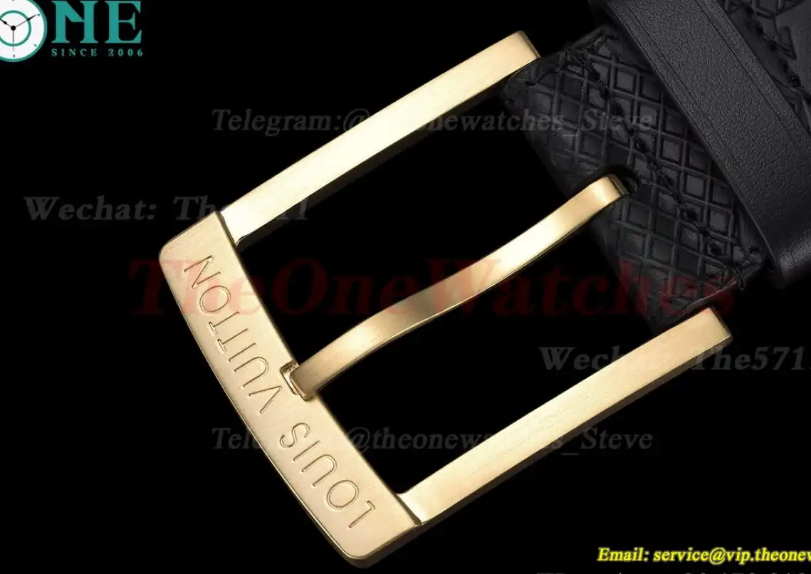 Yellow Gold LV Brass Buckle on Black Leather Belt 4.0cm