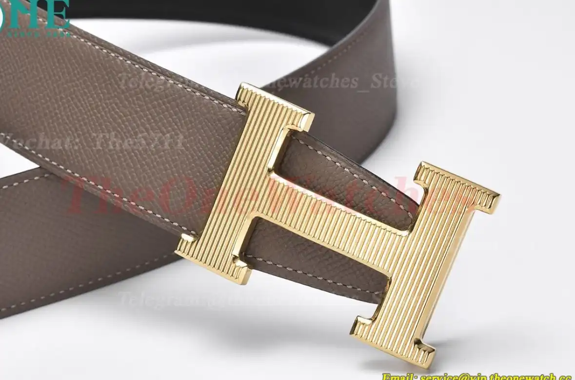 YG Hermes SS Buckle on Apricot Black Leather Belt 3.8cm