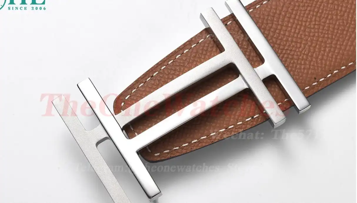 Silver Hermes SS Buckle on Brown Black Leather Belt 3.8cm