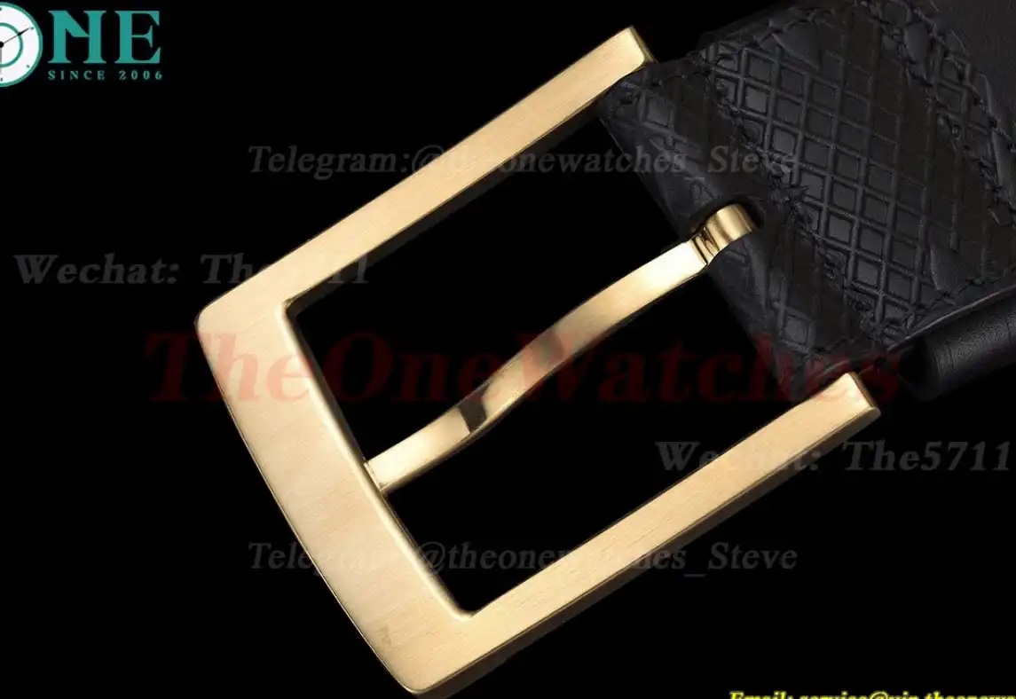 Yellow Gold LV Brass Buckle on Black Leather Belt 4.0cm