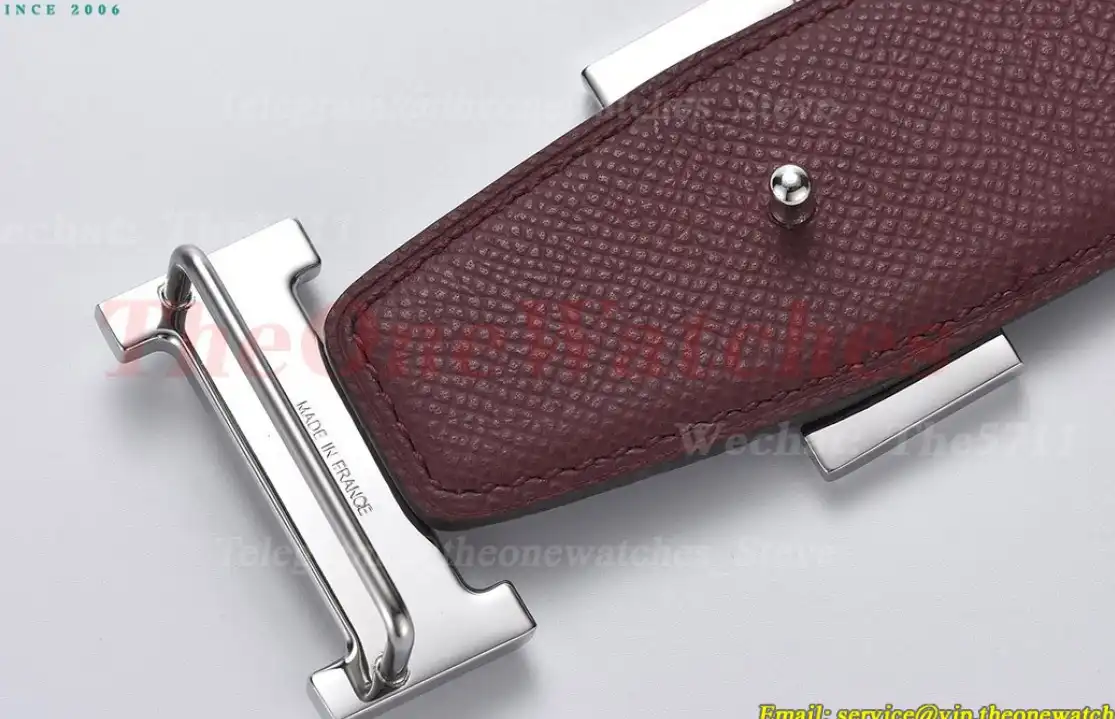 Silver Hermes SS Buckle on Red Black Leather Belt 3.8cm