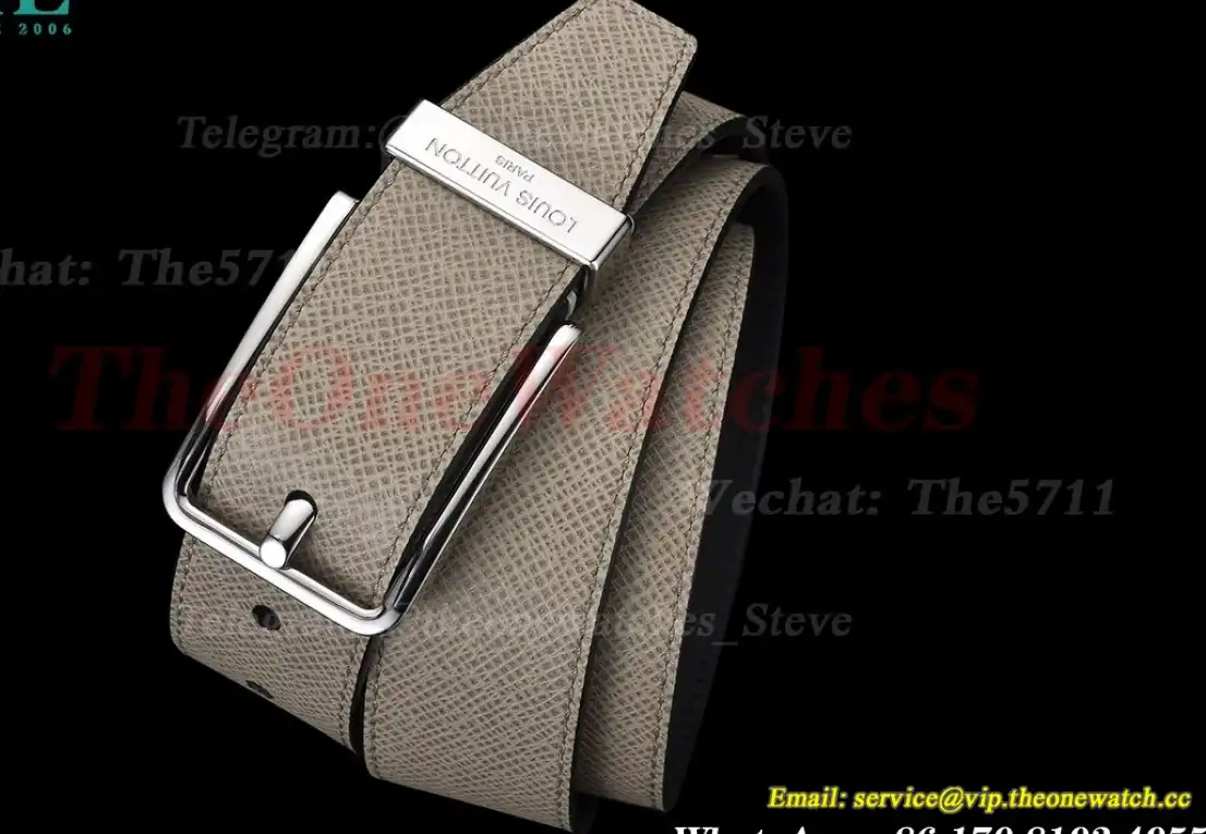 Silver LV SS Buckle on Beige Leather Belt 3.5cm