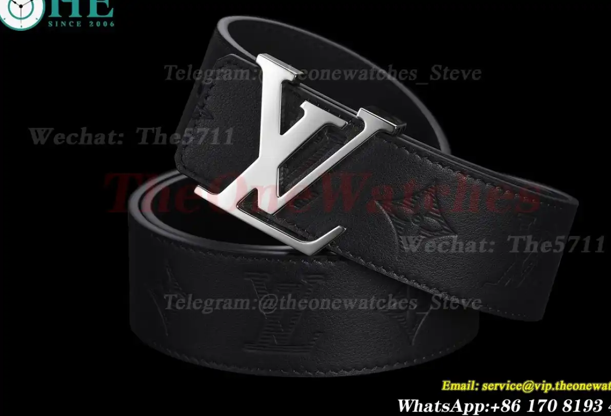 Silver LV Brass Buckle on Black Leather Belt 4.0cm