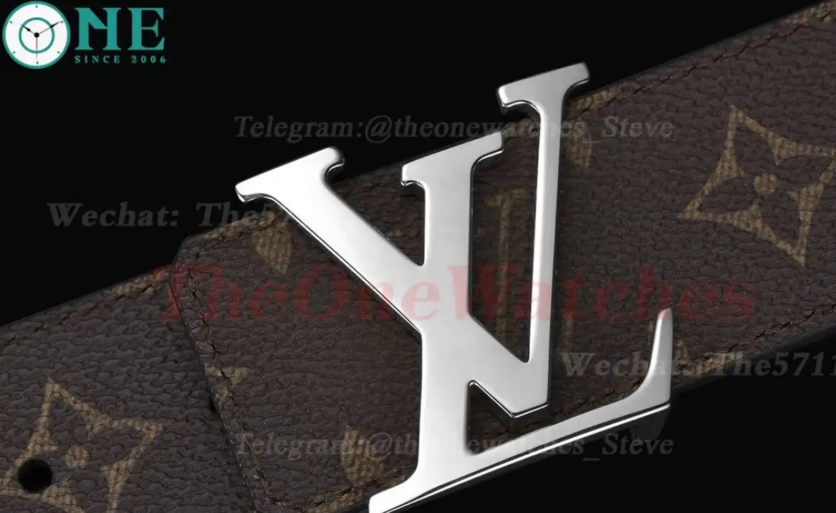 Silver LV Brass Buckle on Brown Leather Belt 4.0cm