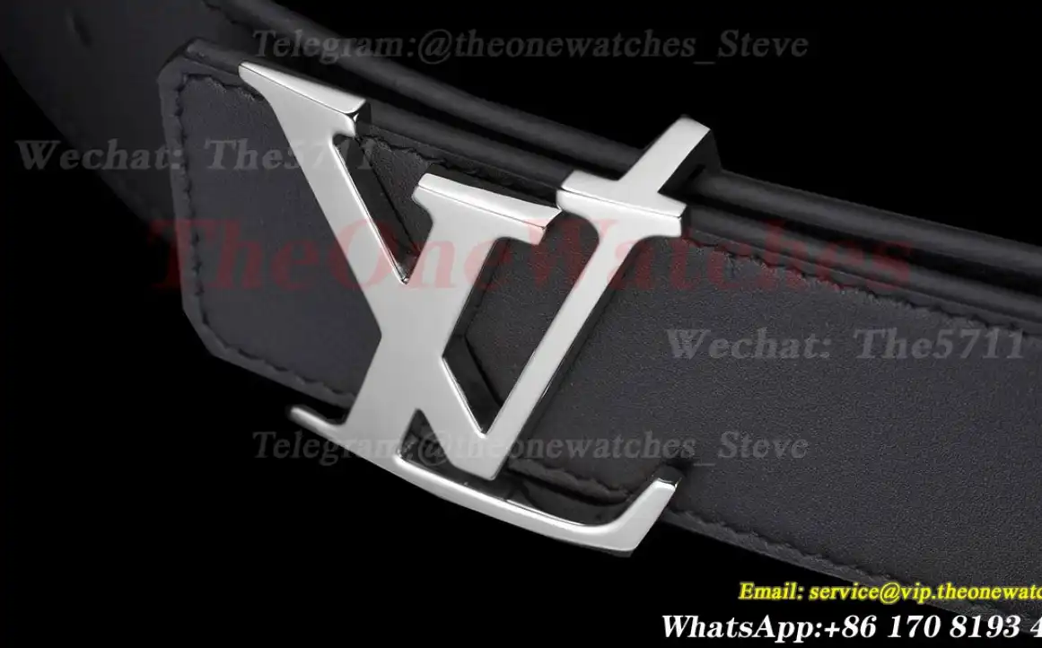 Silver LV Brass Buckle on Black Leather Belt 4.0cm