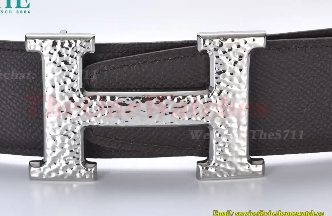 Silver Hermes SS Buckle on Black Brown Leather Belt 3.8cm