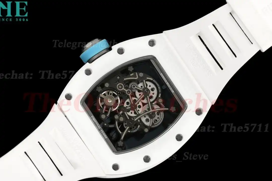 RM055 White Ceramic Blue Skeleton Dial On White Rubber Strap T+F RMUL2