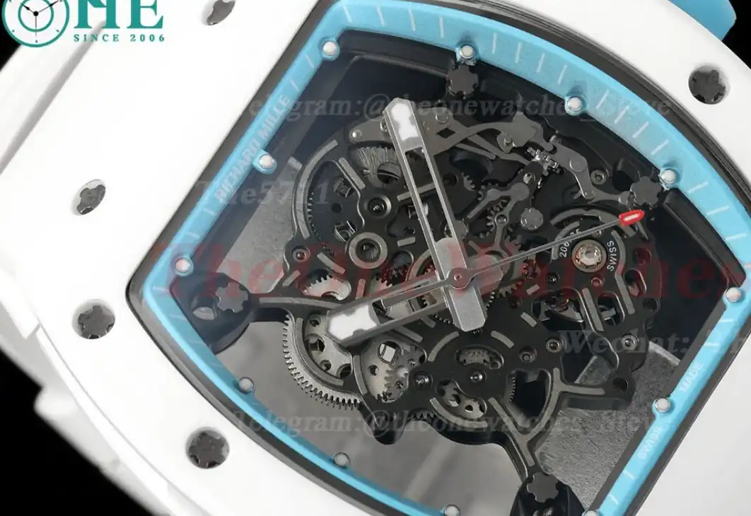 RM055 White Ceramic Blue Skeleton Dial On White Rubber Strap T+F RMUL2