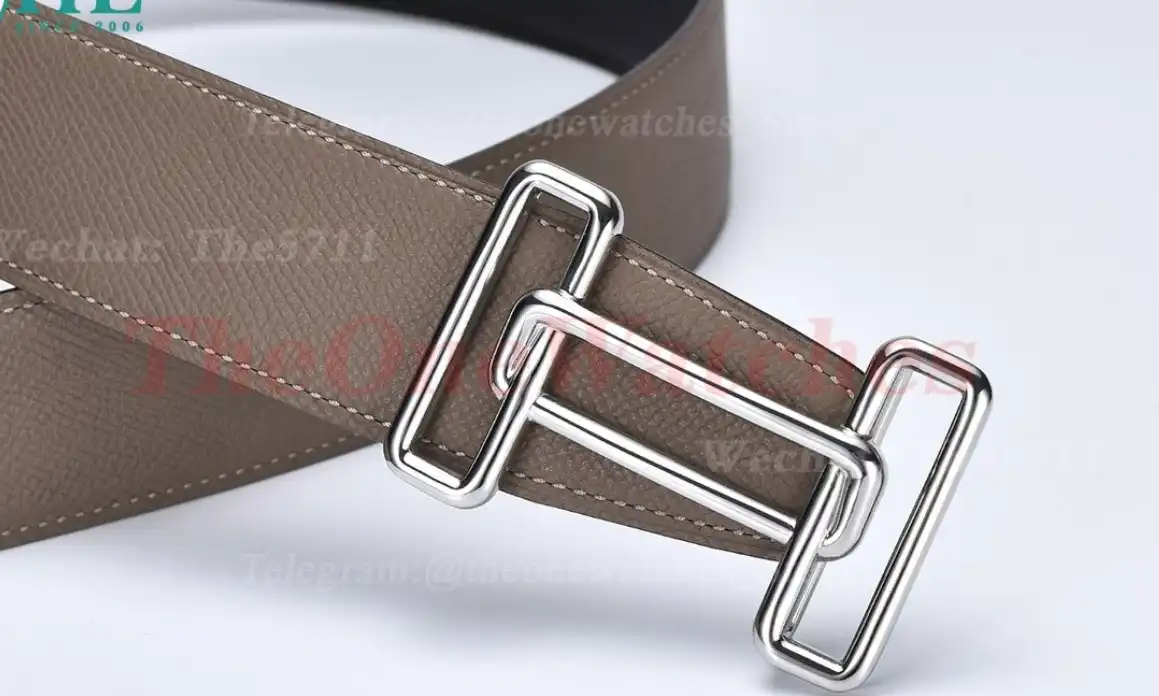 Silver Hermes SS Buckle on Apricot Black Leather Belt 3.8cm