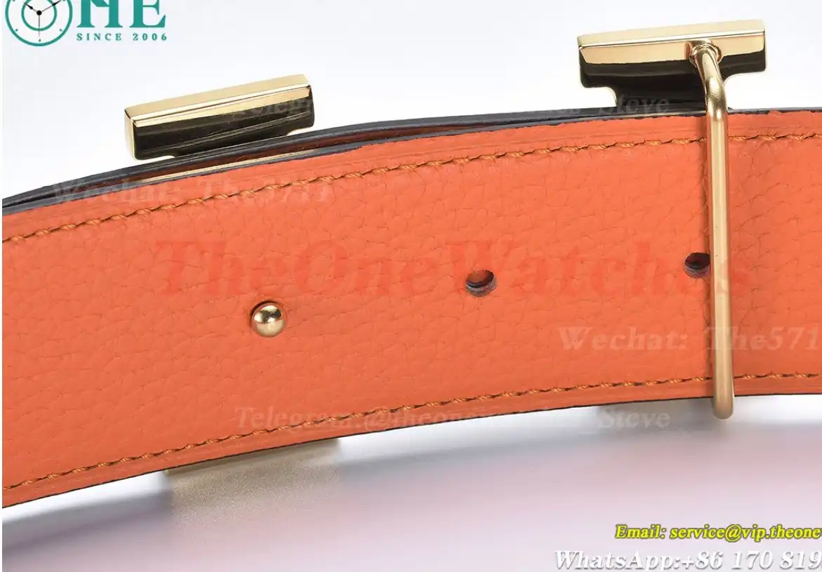 YG Hermes SS Buckle on Orange Black Leather Belt 3.8cm