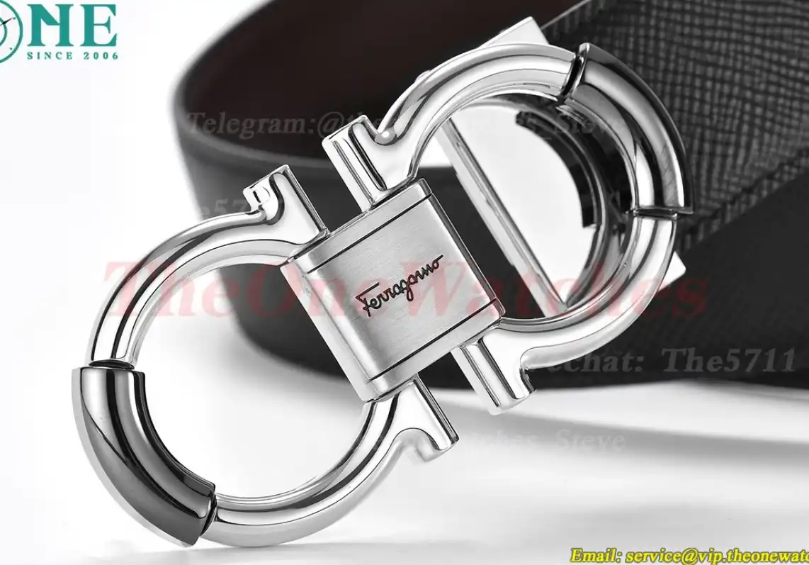 Silver Brass Buckle on Black Brownish Leather Belt 3.5cm