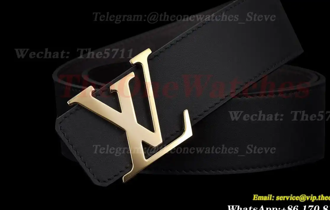 Yellow Gold LV Brass Buckle on Black Leather Belt 4.0cm