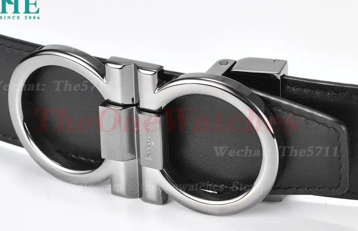 Bright Grey Brass Buckle on Black Black Leather Belt 3.5cm