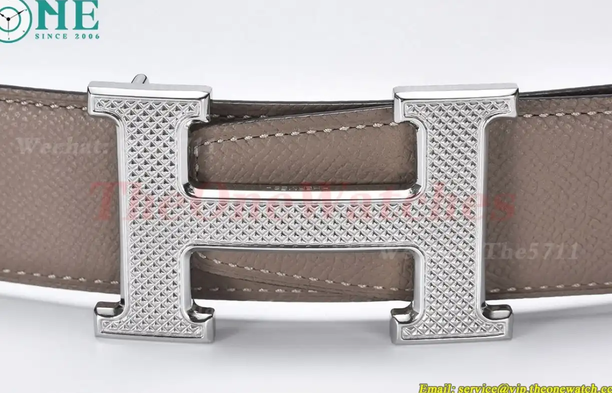 Silver Hermes SS Buckle on Apricot Black Leather Belt 3.8cm