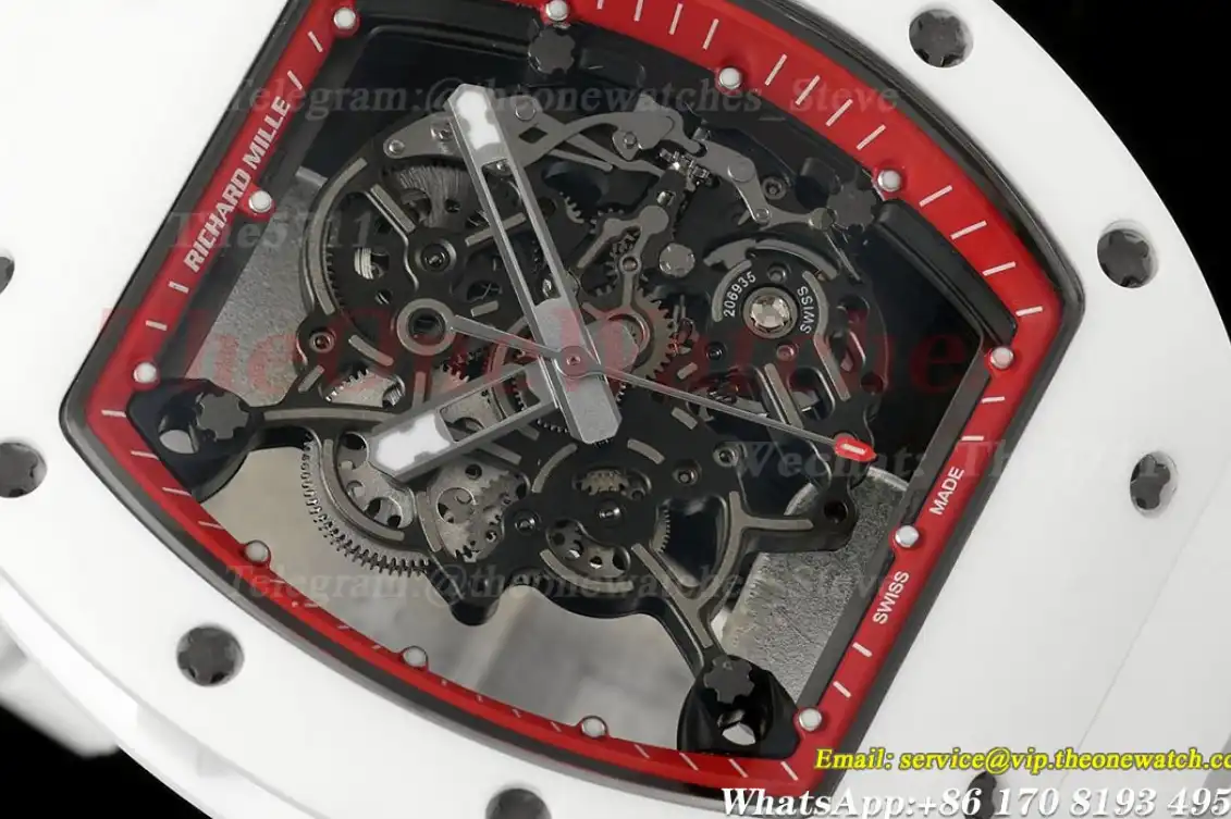 RM055 White Ceramic Red Skeleton Dial On White Rubber Strap T+F RMUL2