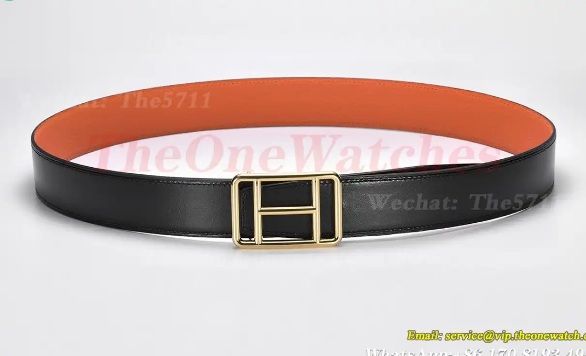 YG Hermes SS Buckle on Orange Black Leather Belt 3.8cm