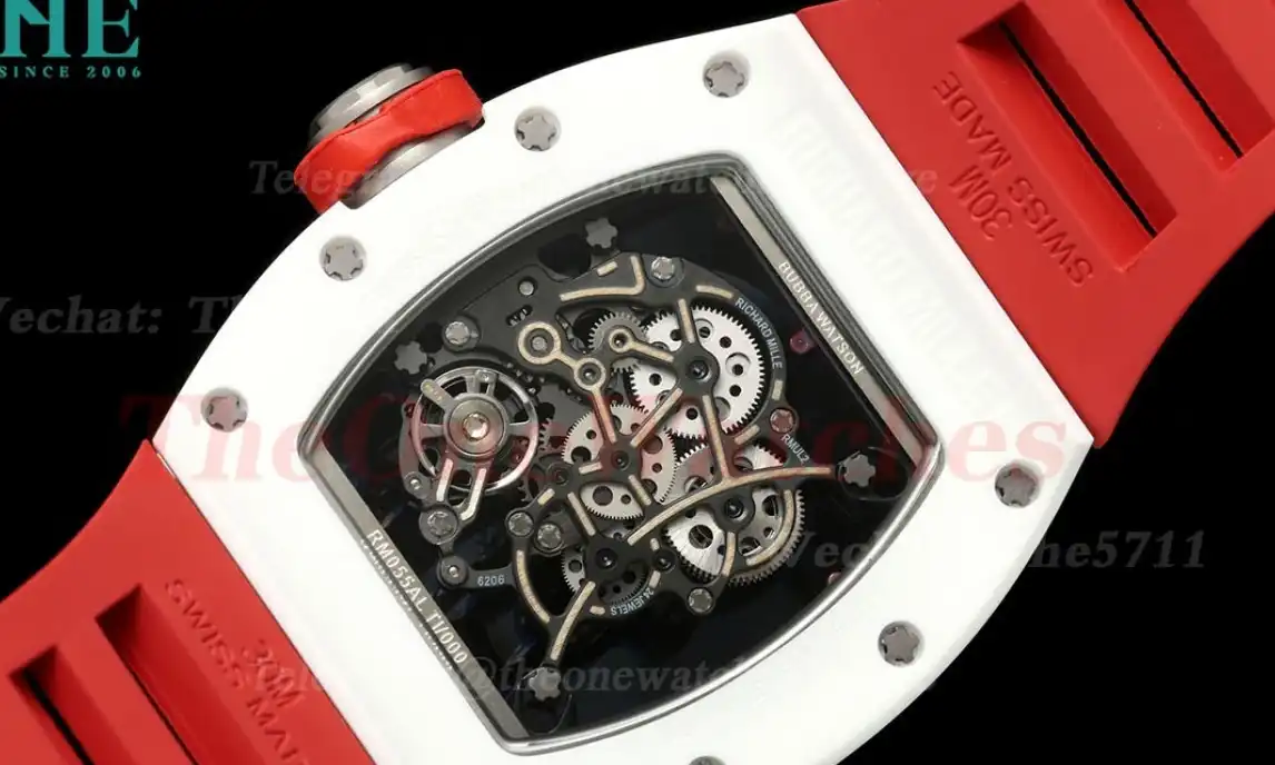 RM055 White Ceramic Red Skeleton Dial On Red Rubber Strap T+F RMUL2