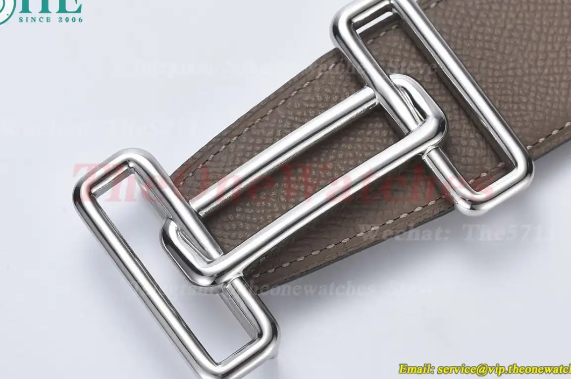 Silver Hermes SS Buckle on Apricot Black Leather Belt 3.8cm