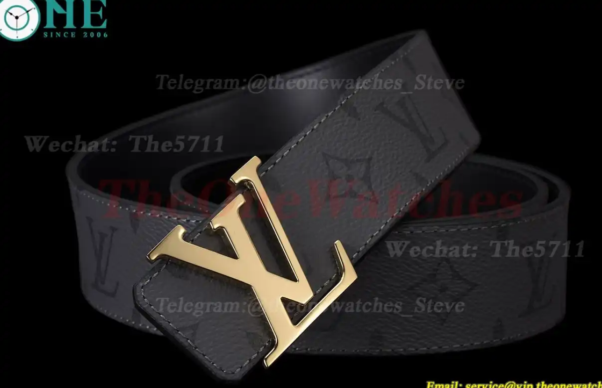 Yellow Gold LV Brass Buckle on Grey Leather Belt 4.0cm