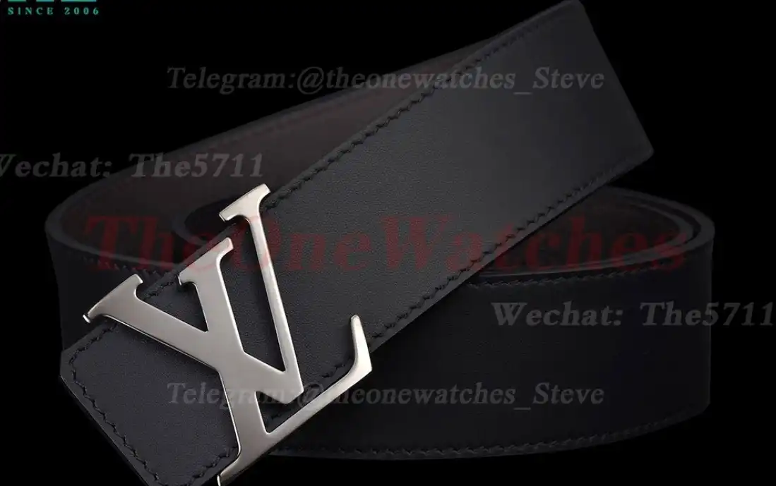 Bright Grey LV Brass Buckle on Black Leather Belt 4.0cm