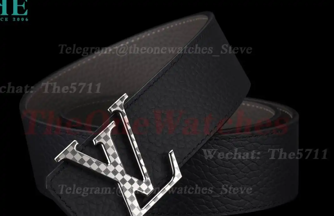 Silver Stamp LV Brass Buckle on Black Leather Belt 4.0cm