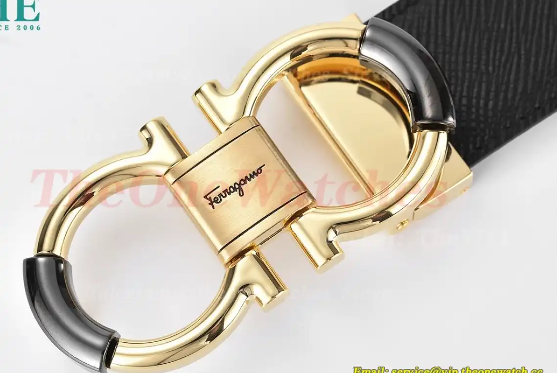 YG Brass Buckle on Black Brownish Leather Belt 3.5cm