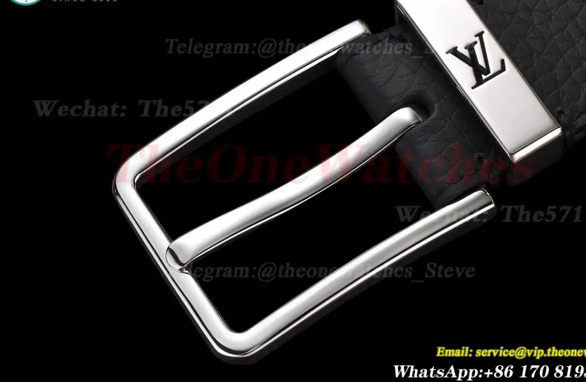 Silver LV SS Buckle on Black Leather Belt 3.5cm