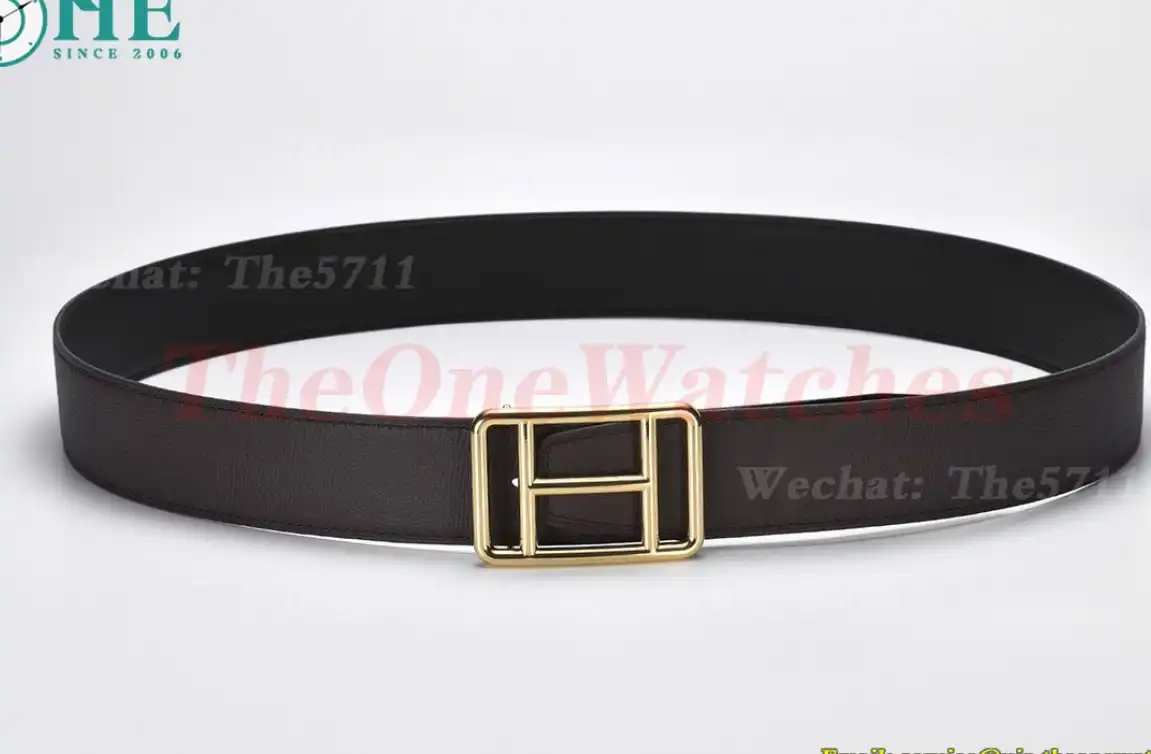 YG Hermes SS Buckle on Brownish Black Leather Belt 3.8cm