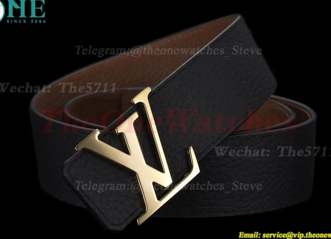 Yellow Gold LV Brass Buckle on Black Leather Belt 4.0cm