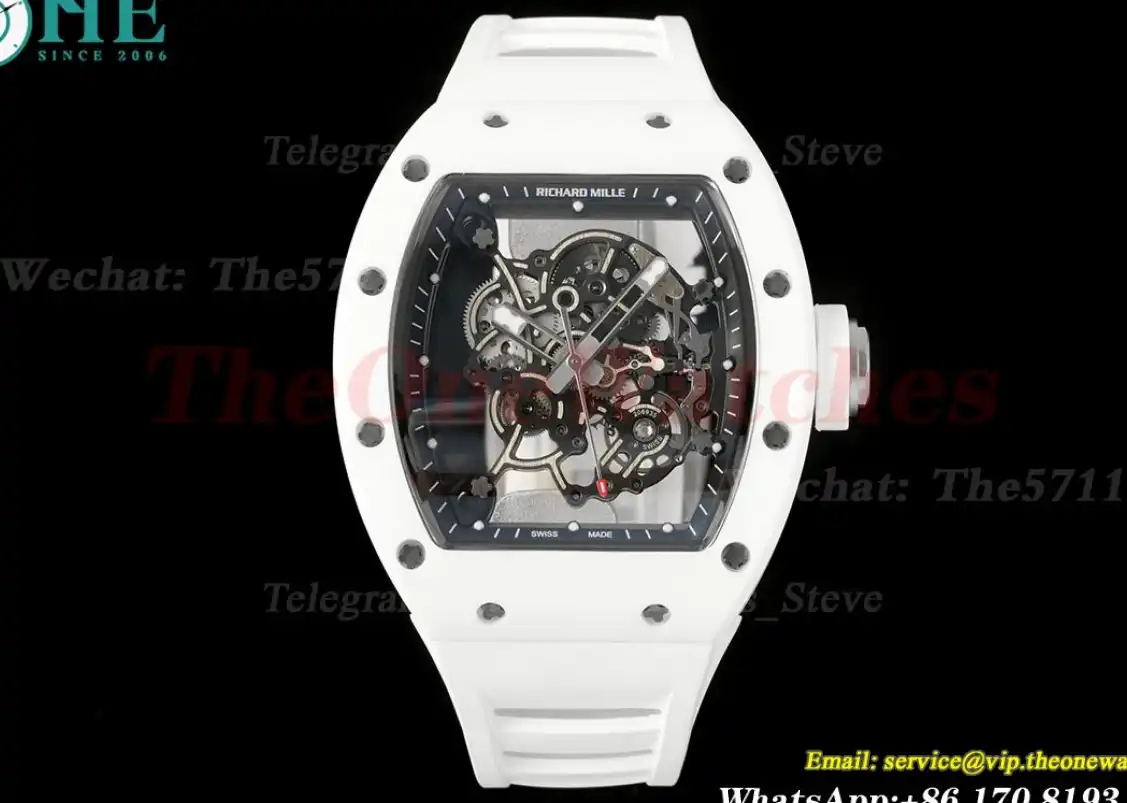 RM055 White Ceramic Skeleton Dial On White Rubber Strap T+F RMUL2