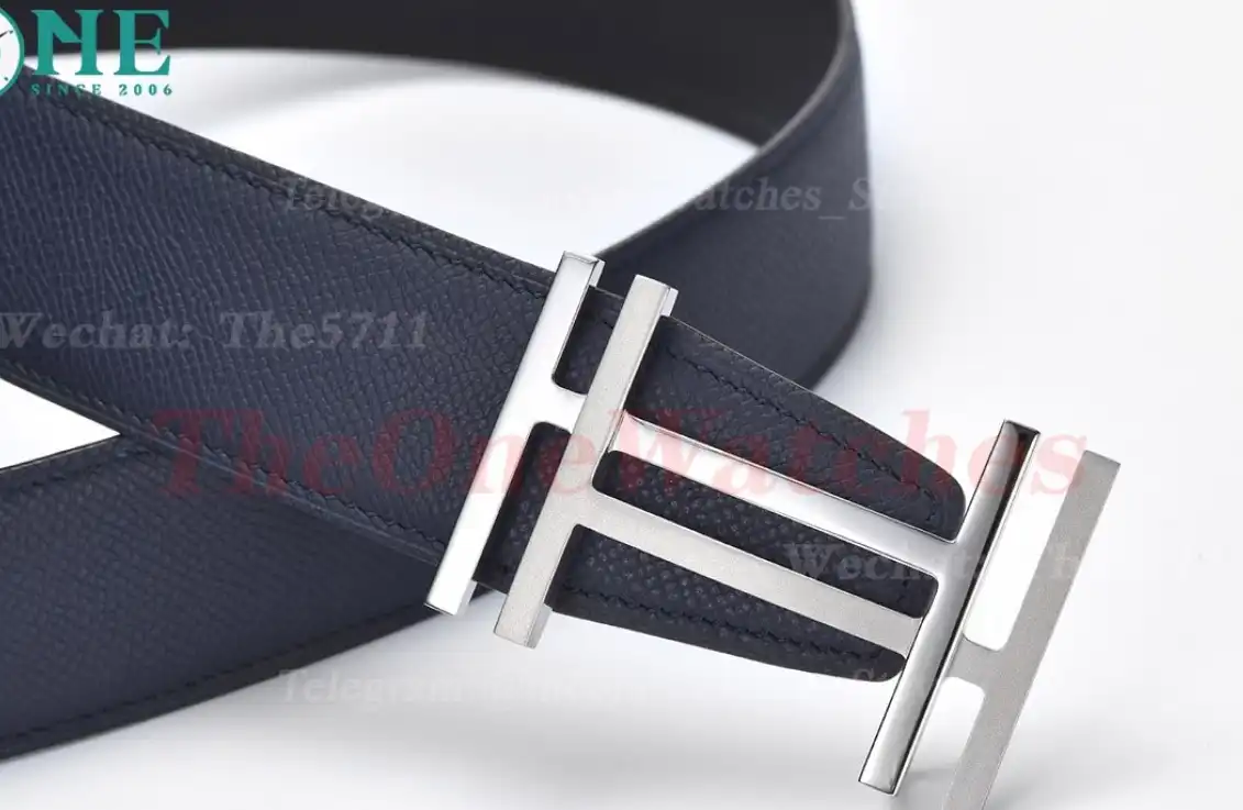 Silver Hermes SS Buckle on Blue Black Leather Belt 3.8cm