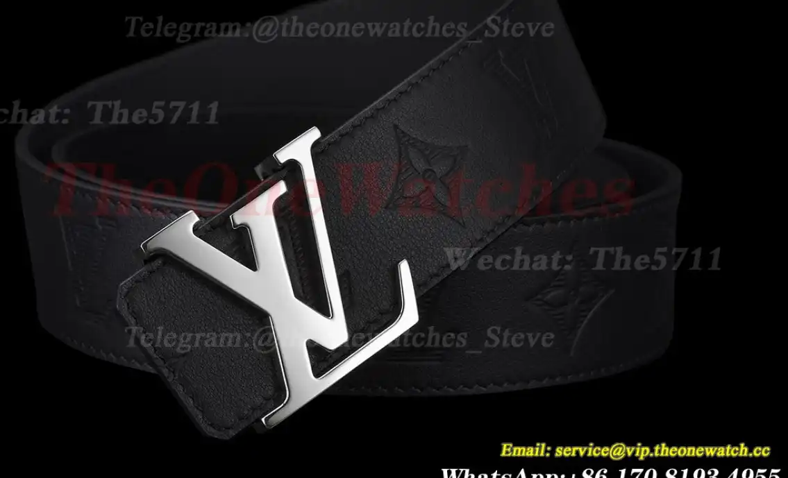 Silver LV Brass Buckle on Black Leather Belt 4.0cm