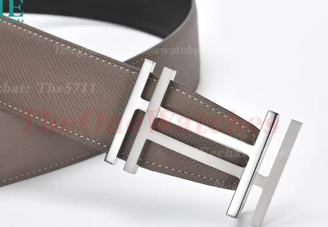 Silver Hermes SS Buckle on Apricot Black Leather Belt 3.8cm