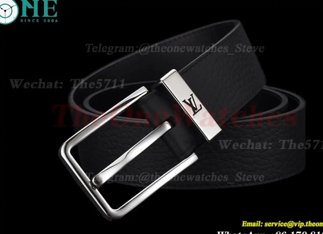 Silver LV SS Buckle on Black Leather Belt 3.5cm