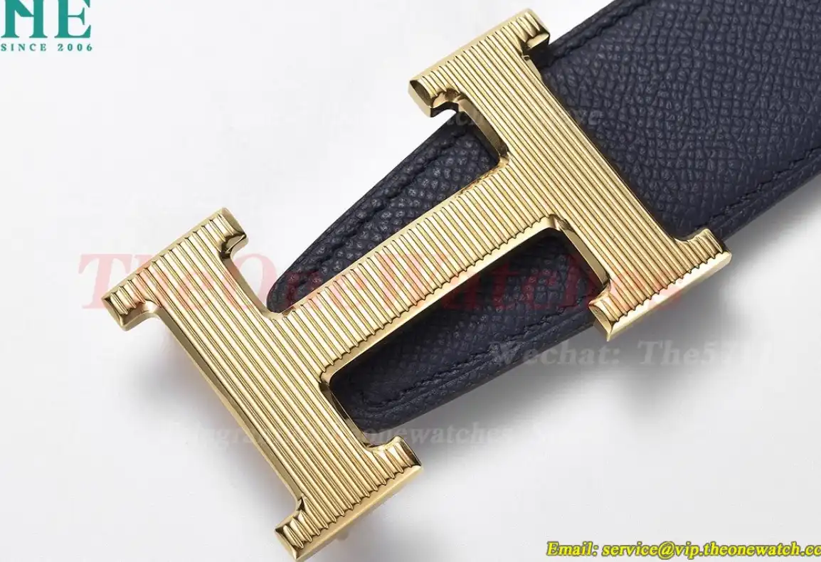 YG Hermes SS Buckle on Blue Black Leather Belt 3.8cm