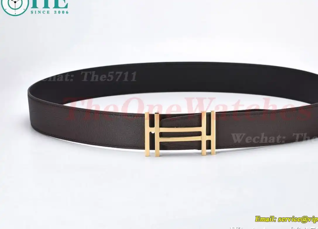 YG Hermes SS Buckle on Brown Black Leather Belt 3.8cm