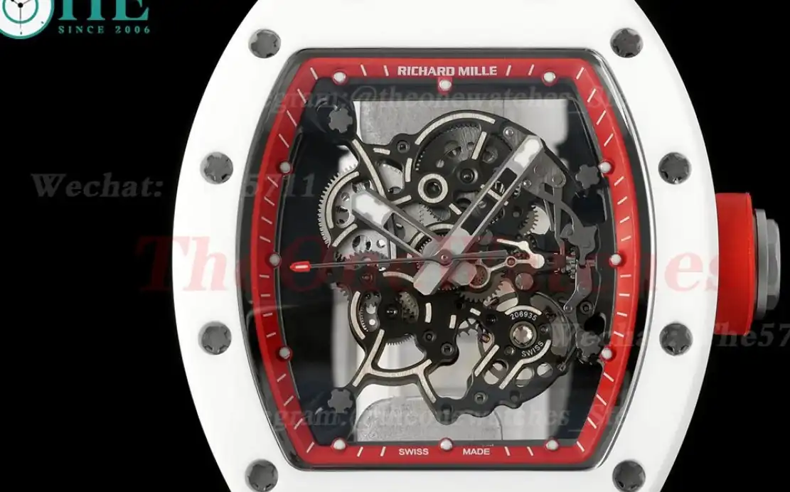 RM055 White Ceramic Red Skeleton Dial On White Rubber Strap T+F RMUL2