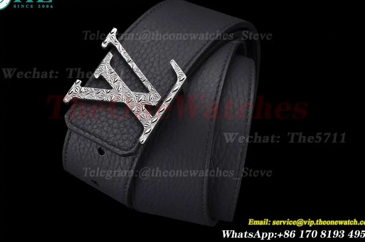 Engraved LV Brass Buckle on Black Leather Belt 4.0cm