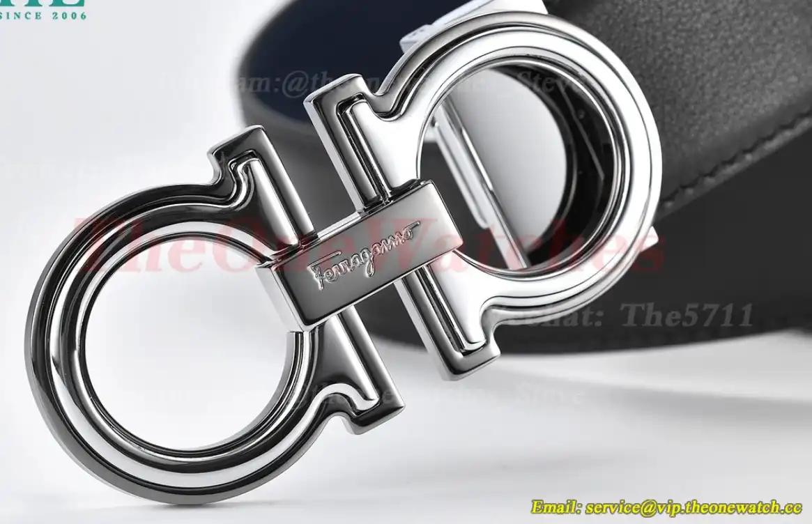 Silver Brass Buckle on Black Blue Leather Belt 3.5cm